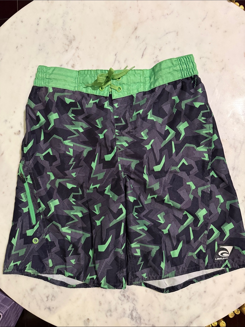 Laguna B Boys Black & Green Geometric Swim Board Shorts